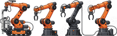Industrial robotic arms set with automated machinery manipulators factory equipment technology vector illustration collection
