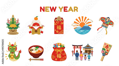Japanese New Year icons featuring decorations food dragon shrine and kite
