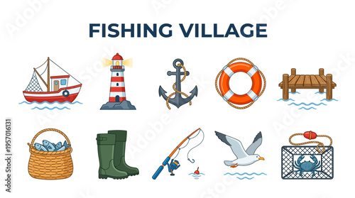 Ten illustrated icons related to a fishing village arranged in two rows