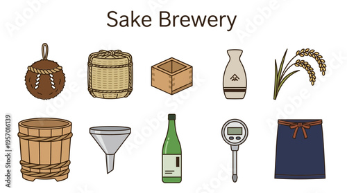 Ten illustrations of items associated with a sake brewery on a white background