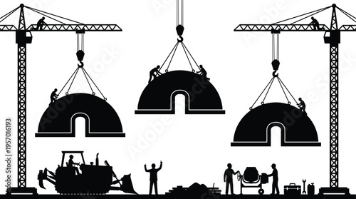 Industrial construction site silhouette with tower cranes bulldozer and workers building large tunnel structures professional engineering urban infrastructure development vector