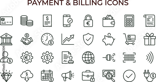 Payment and billing outline icon set featuring finance transaction analytics invoice dashboard interface symbols for business applications