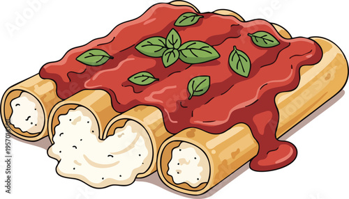 Delicious Cannelloni Pasta Dish with Tomato Sauce and Basil.