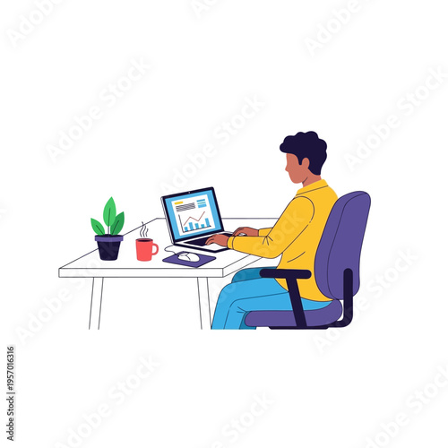 Man working on laptop at desk with charts, coffee, and plant - flat illustration