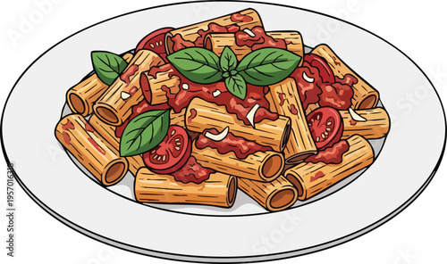 Delicious Rigatoni Pasta with Tomato Sauce and Basil.