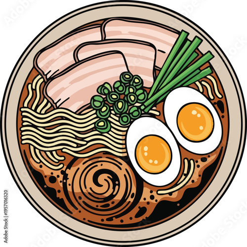 Delicious bowl of Japanese ramen noodles with pork and egg.