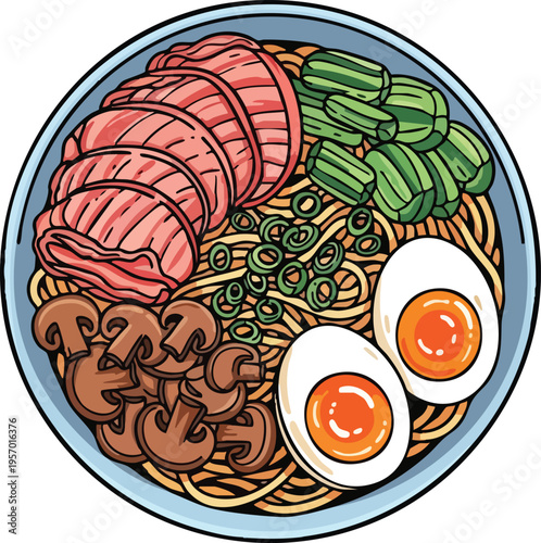 Delicious Ramen Bowl with Sliced Pork and Soft Boiled Eggs.