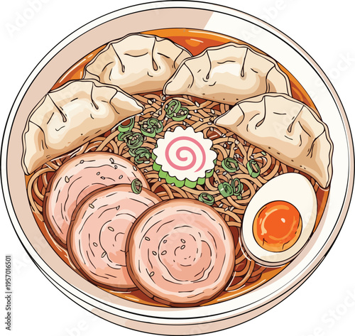 Delicious Ramen Bowl with Gyoza and Chashu Pork.