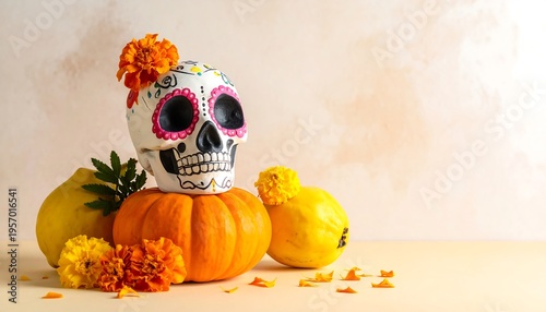 Decorated Sugar Skull with Pumpkin and Marigolds for Day of the Dead.