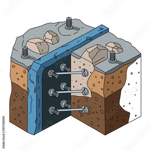 Cutaway view of concrete wall with anchors and water flow.