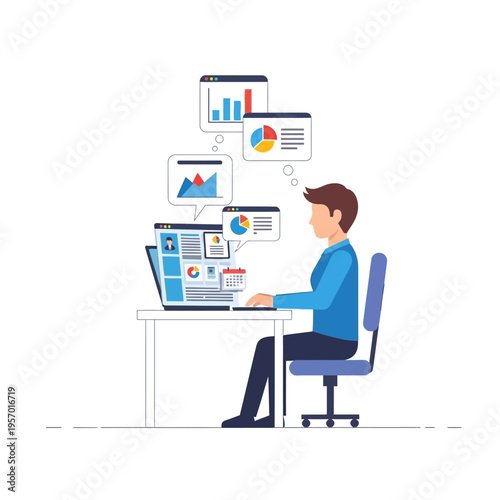 Man working on laptop with data charts and graphs, digital analysis concept