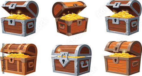 Treasure chests with gold coins collection wooden pirate boxes open and closed fantasy vector illustration set
