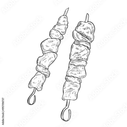 Shish kebab in hand drawn sketch style, vector illustration isolated on white background.