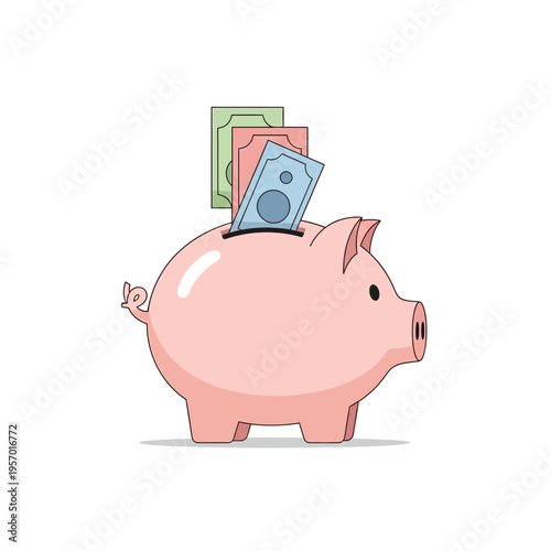 Cute Pink Piggy Bank with Money Bills Inserted - Savings Concept