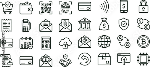 Digital payment transaction outline icon set featuring banking security wallet analytics interface symbols for finance applications