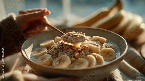 Breakfast delight: a close-up of a hand delicately stirring a bowl of hearty porridge with sliced bananas and a drizzle of honey, set against a backdrop of soft morning light and a cozy.
