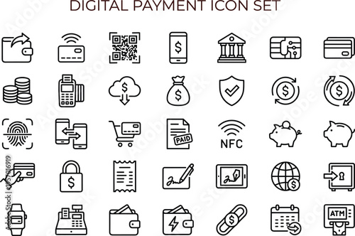 Digital payment outline icon set featuring mobile banking transaction wallet security interface symbols for finance applications