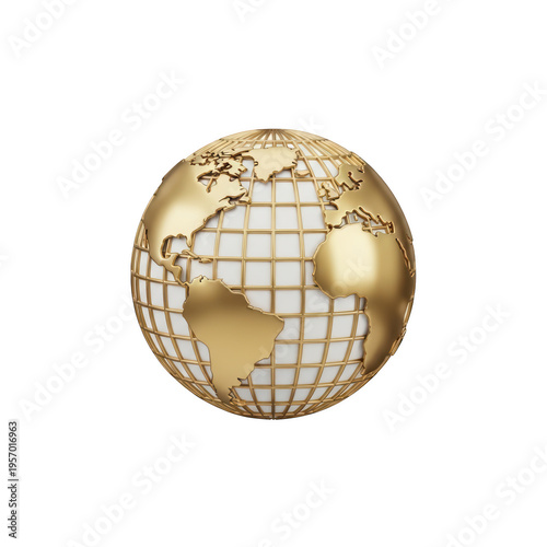 A gold globe with a grid pattern isolated on transparent background