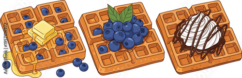 Waffles with toppings set including butter blueberries and whipped cream sweet breakfast dessert vector illustration collection