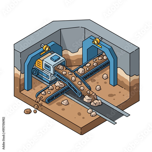 Industrial conveyor belt system processing raw materials.
