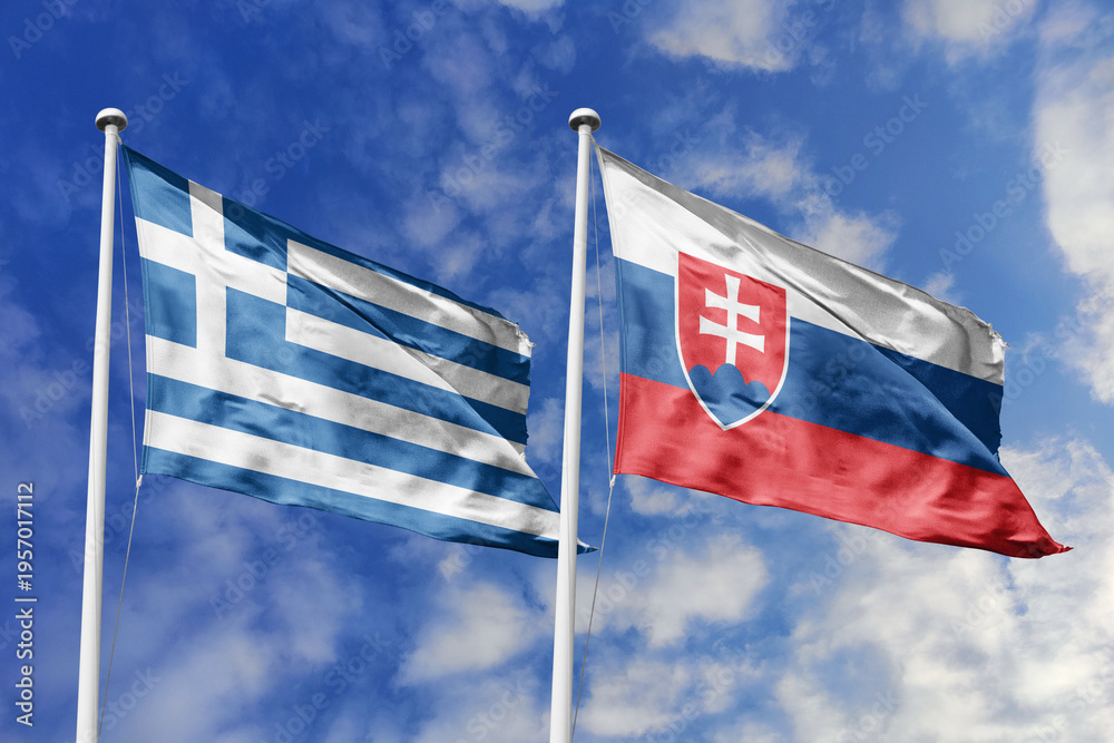 Fototapeta premium Greece and Slovakia flags waving in a clear blue sky, symbolizing a powerful diplomacy, expanding global trade, a strategic partnership, and a shared vision of unity for a sustainable future.