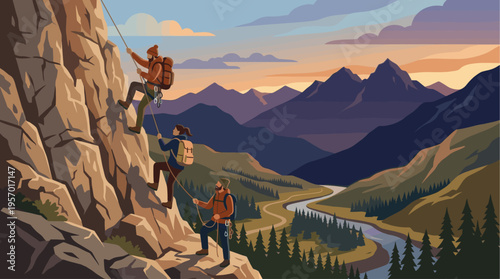 Three adventurers with backpacks climb a steep rock face overlooking a winding river and vast mountain range during a colorful sunset, evoking a sense of challenge and exploration.
