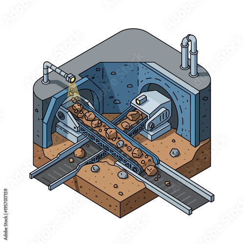 Industrial mining conveyor belt system processing raw materials.