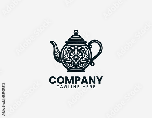 Vintage teapot with floral ornament detail in clean modern black vector logo illustration style