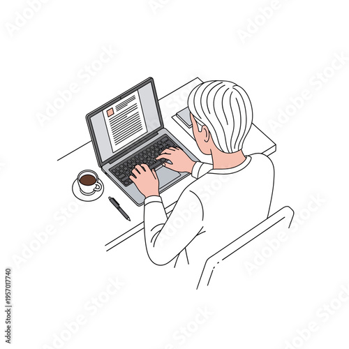 Person typing on laptop at desk with coffee, remote work and online learning concept