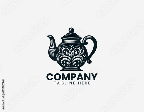 Vintage teapot with floral ornament detail in clean modern black vector logo illustration style