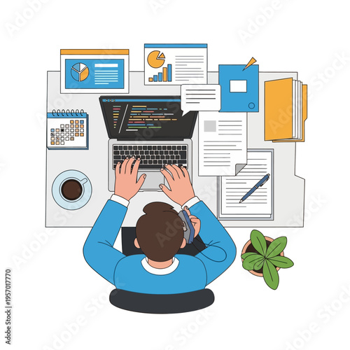 Programmer coding on laptop at desk with charts and documents, top view