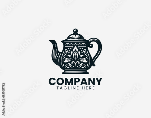 Vintage teapot with floral ornament detail in clean modern black vector logo illustration style