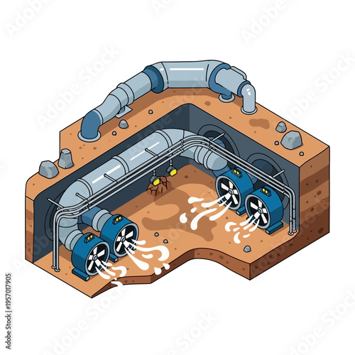 Industrial ventilation system with large fans and pipes.