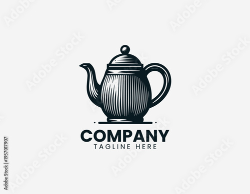 Classic metal teapot with curved spout in clean modern black vector logo illustration style