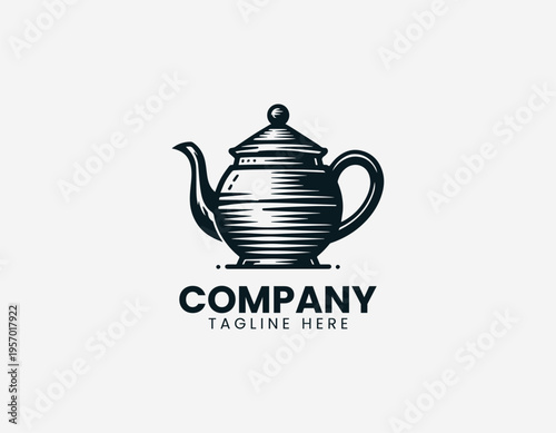Classic metal teapot with curved spout in clean modern black vector logo illustration style