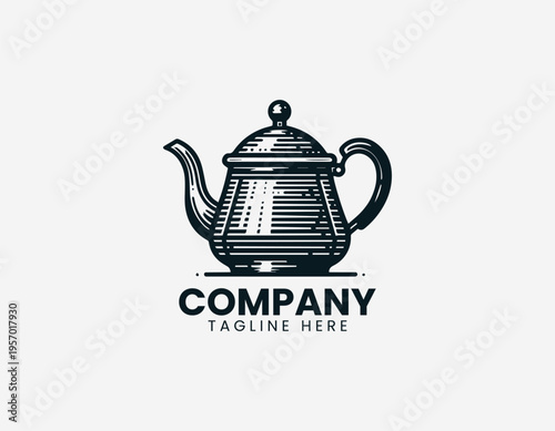 Classic metal teapot with curved spout in clean modern black vector logo illustration style