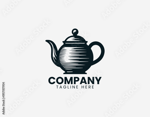 Classic metal teapot with curved spout in clean modern black vector logo illustration style