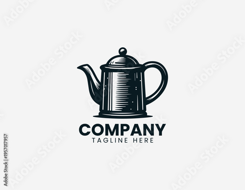 Classic metal teapot with curved spout in clean modern black vector logo illustration style