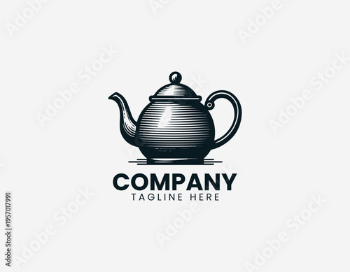 Classic metal teapot with curved spout in clean modern black vector logo illustration style