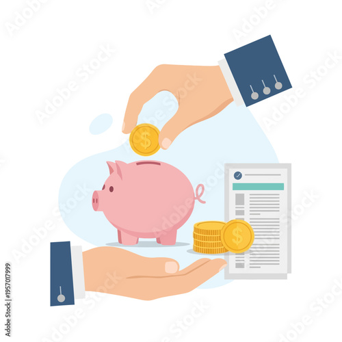 Hand depositing coin into piggy bank, financial planning and saving money concept illustration