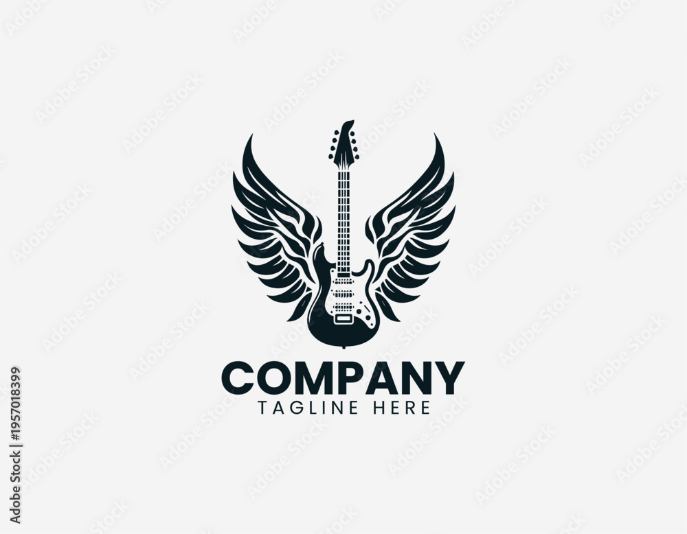 Obraz premium Electric guitar with wide decorative wings in clean modern black vector logo illustration style