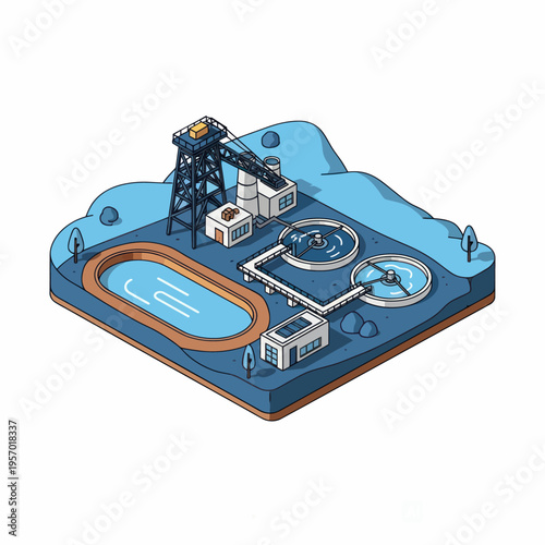 Industrial Water Treatment Plant with Circular Tanks and Crane.