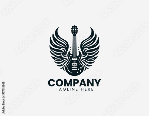 Electric guitar with wide decorative wings in clean modern black vector logo illustration style