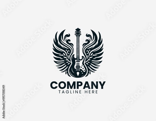 Electric guitar with wide decorative wings in clean modern black vector logo illustration style