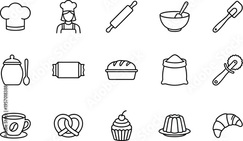 A collection of black and white line drawings depicting various baking icons and tools