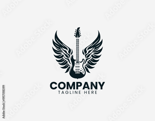 Electric guitar with wide decorative wings in clean modern black vector logo illustration style