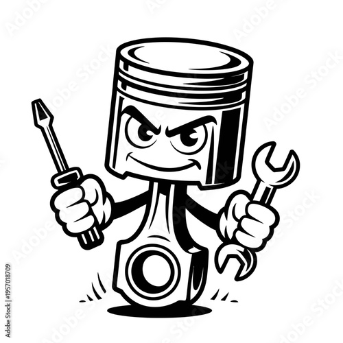 Cartoon piston character holding screwdriver and wrench