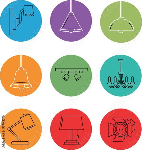 A collection of colorful flat icons depicting various types of modern and classic lighting fixtures Vector