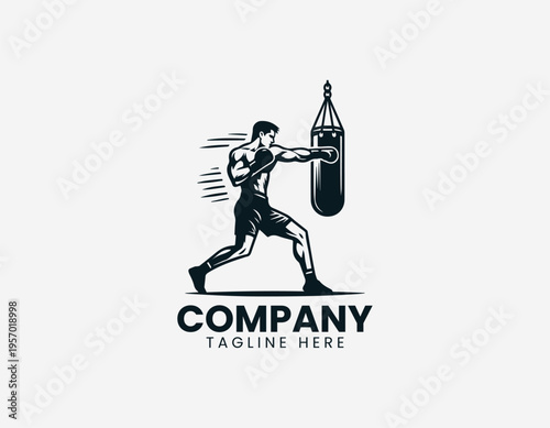 Boxer training with punching bag showing strength fitness and sport action in clean modern minimalist black vector illustration style on white background