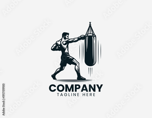 Boxer training with punching bag showing strength fitness and sport action in clean modern minimalist black vector illustration style on white background